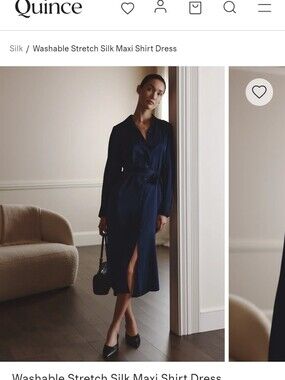 Quince Navy Silk Maxi Shirt Dress with Waist Tie